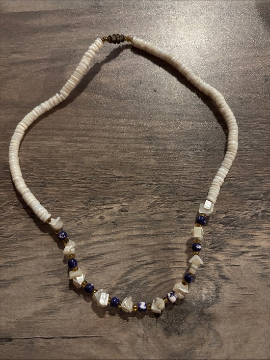 Jewelry - Handcrafted White Shell and Blue Bead Necklace